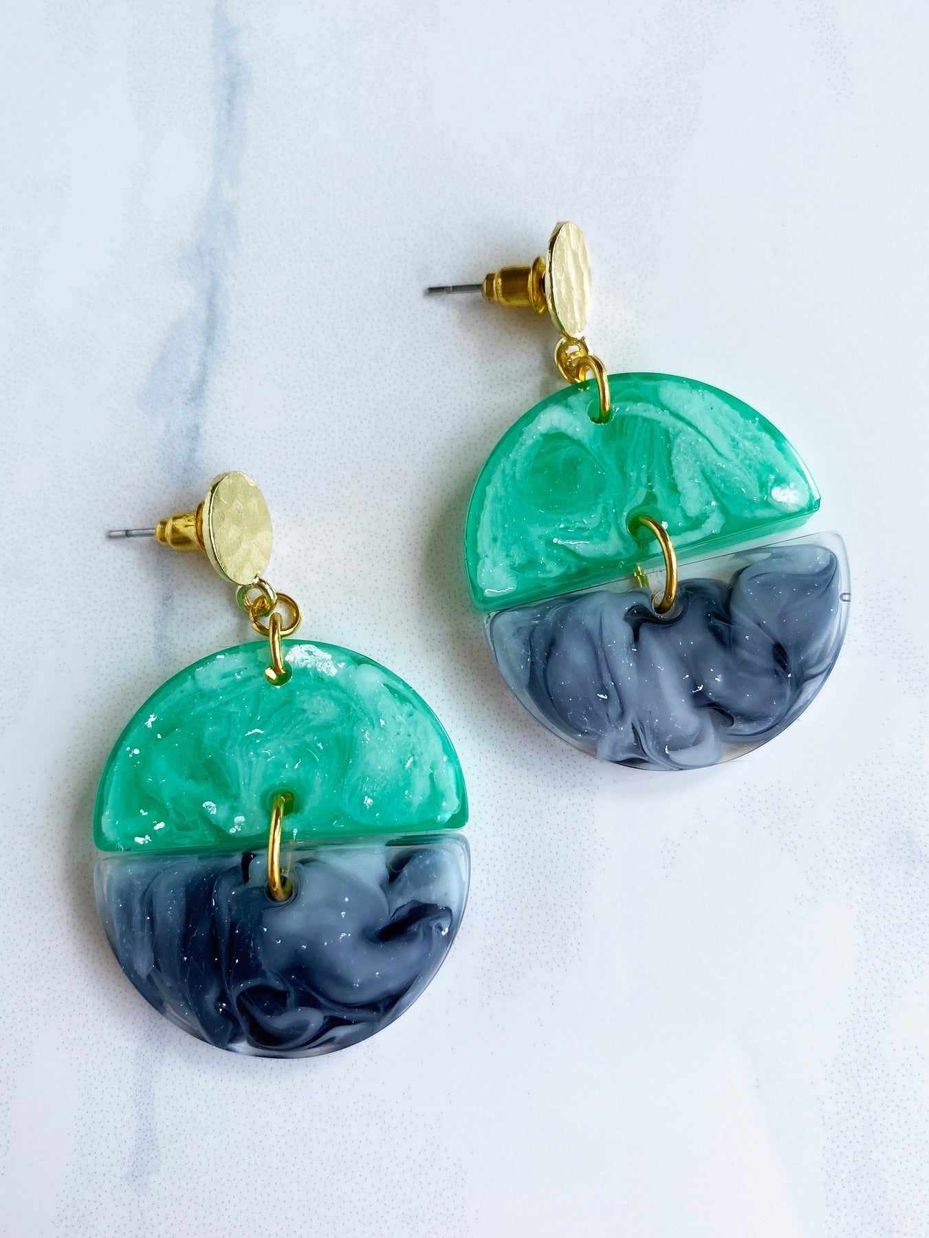 Hand Crafted, Jewelry, Green Gold Resin Earrings